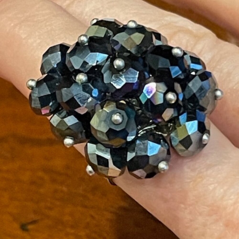 Vintage adjustable ring -silver tone- cluster of charcoal beads